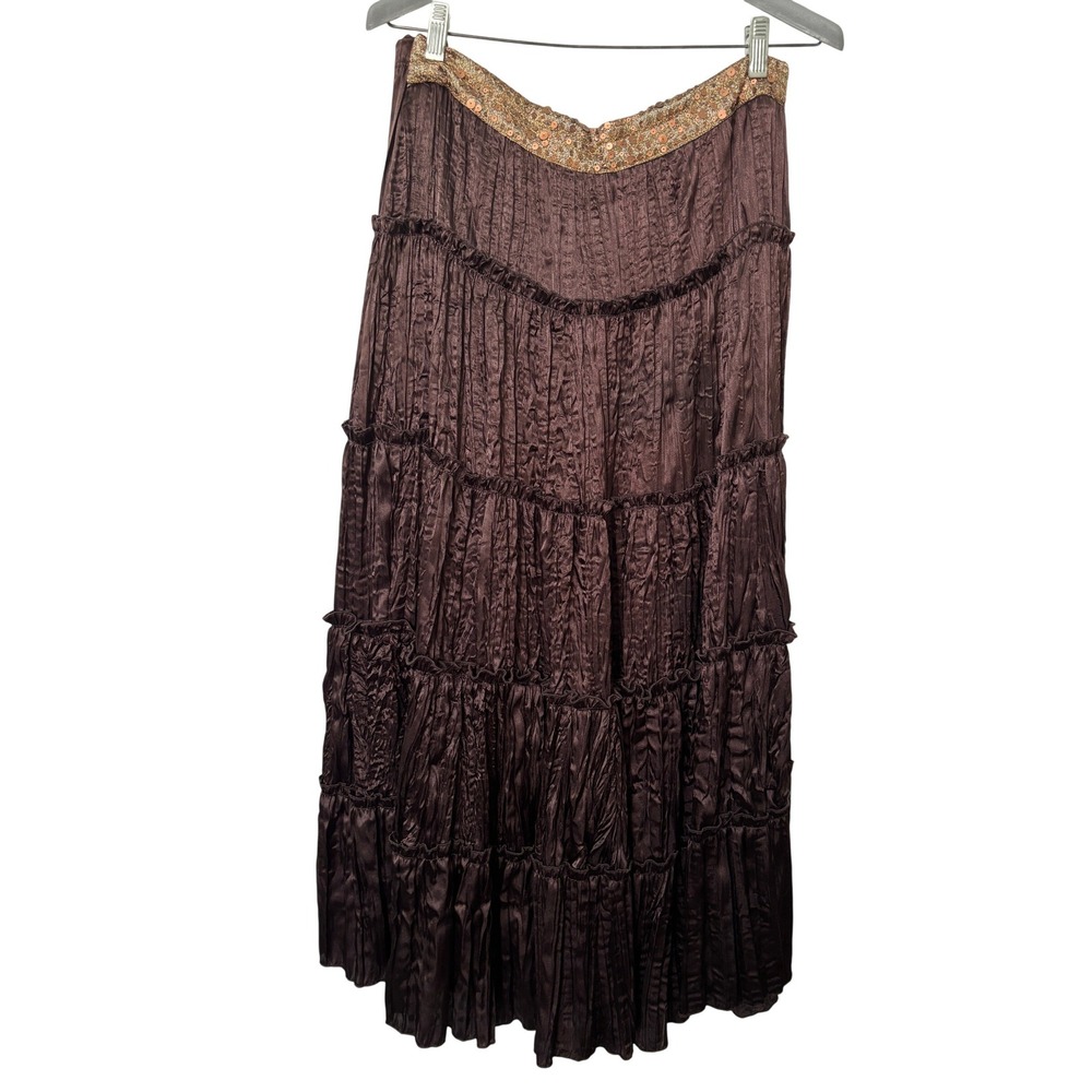 Y2K Le Chateau Brown Tiered Crinkle Maxi Skirt Sequin Waist Boho Canada Made
